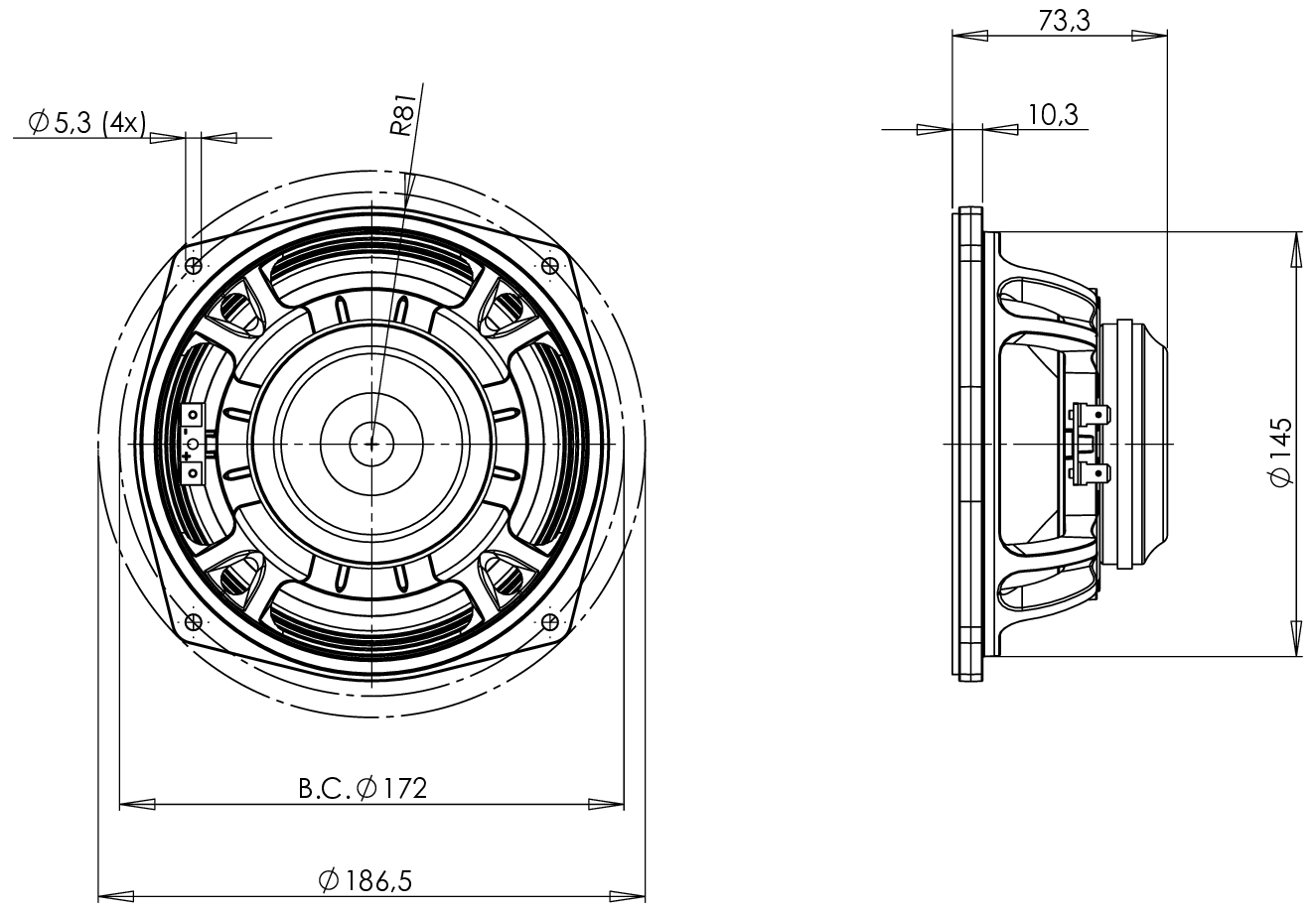 B&C Speaker 6MDN44 Dimensions