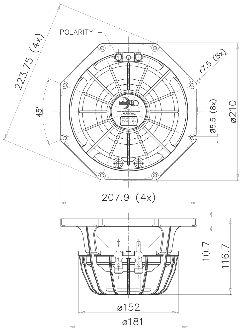 FaitalPRO W8N8-150 16Ω Dimensions