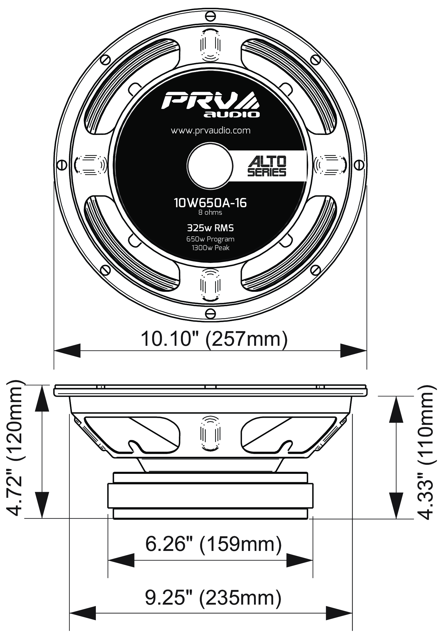 PRV Audio 10W650A-16 Dimensions