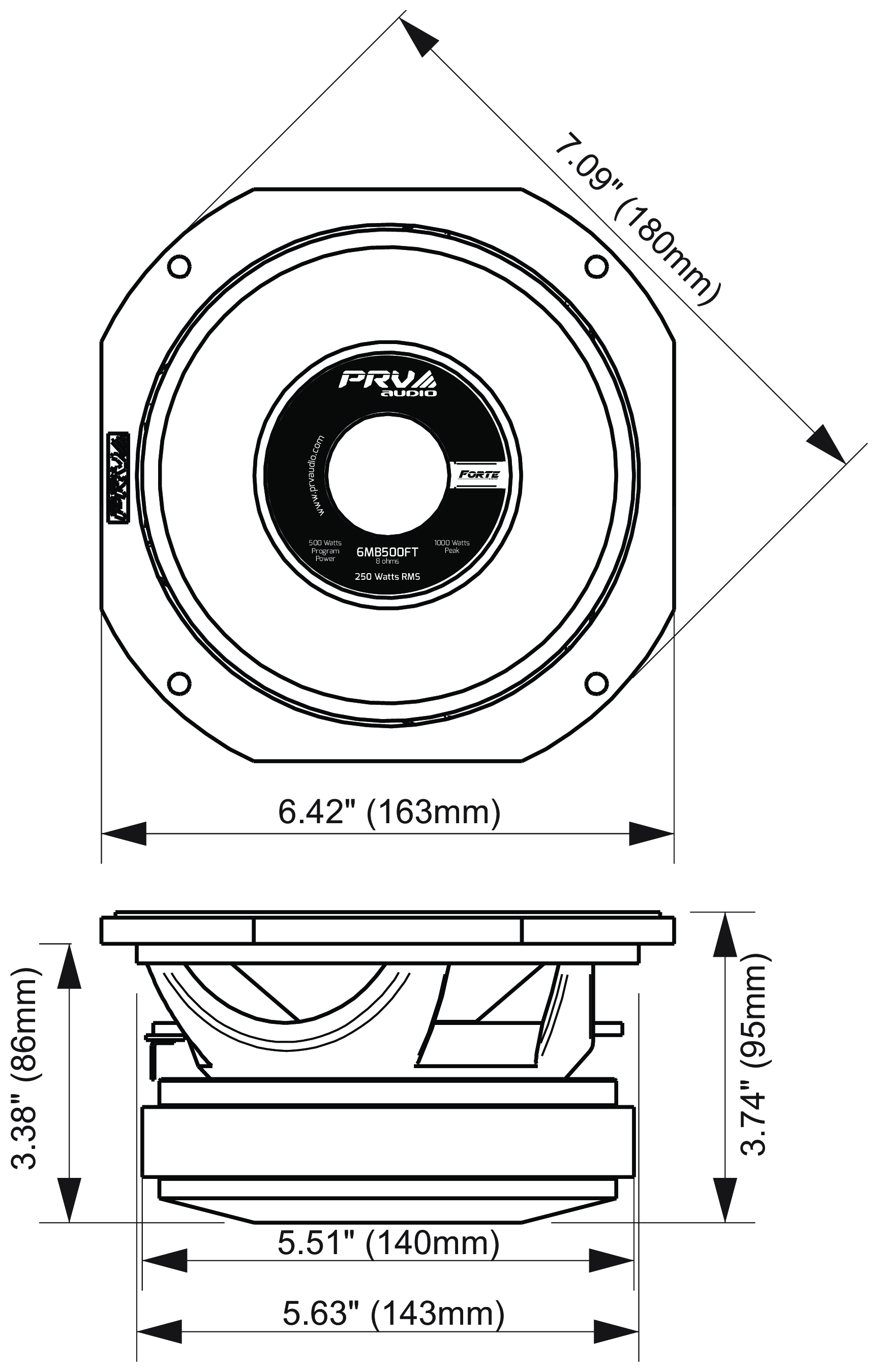 PRV Audio 6MB500FT Dimensions