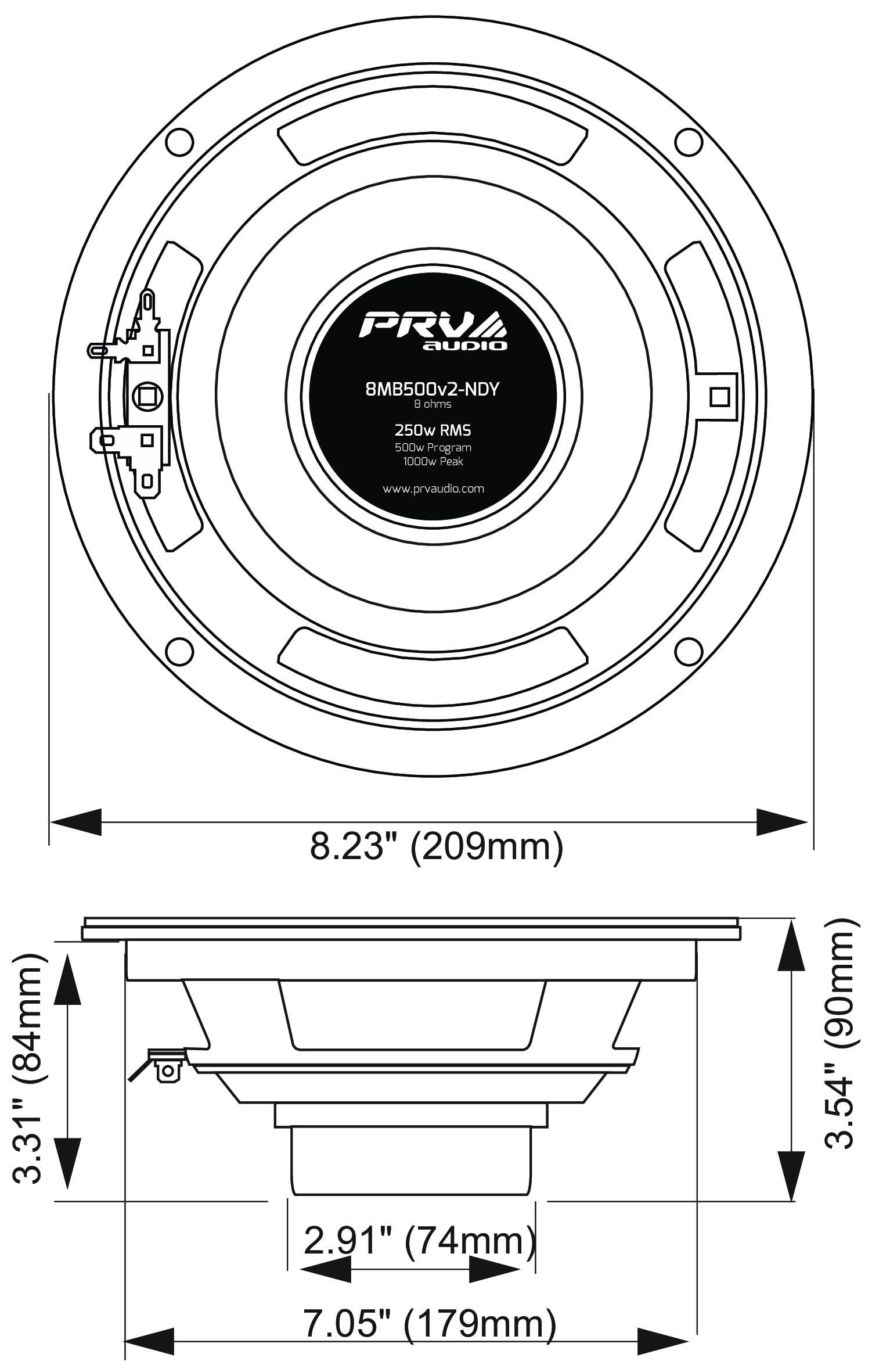 PRV Audio 8MB500v2-NDY Dimensions