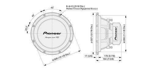 Pioneer TS-W3003D4 Dimensions