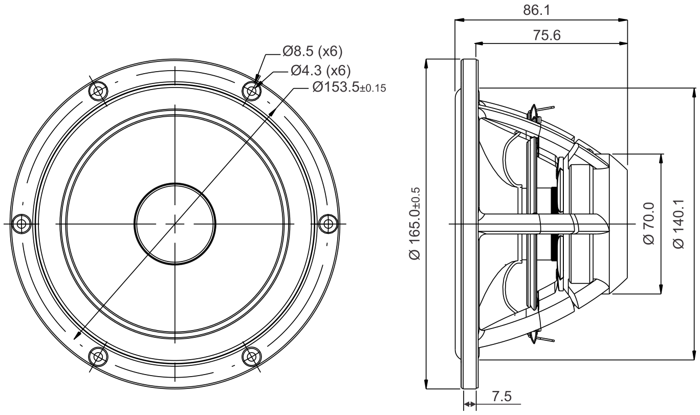 SB Acoustics MW16P-8 Dimensions