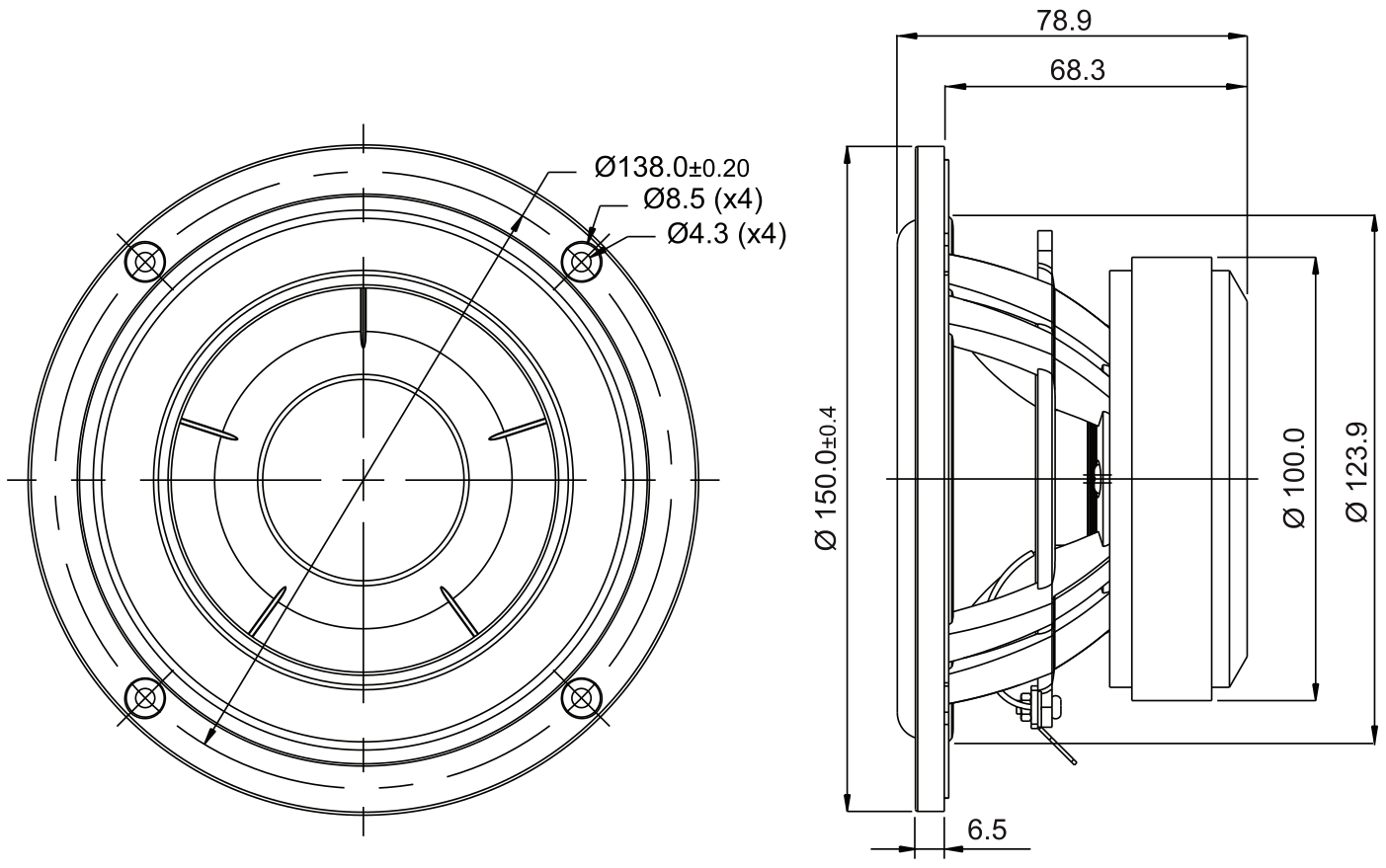SB Acoustics SB15CAC30-4 Dimensions