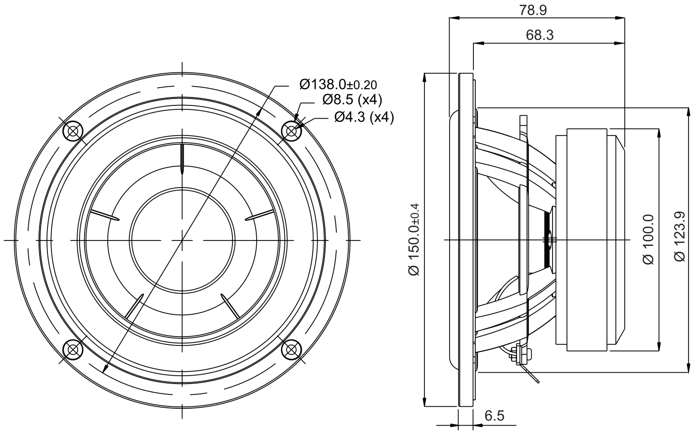 SB Acoustics SB15NBAC30-8 Dimensions