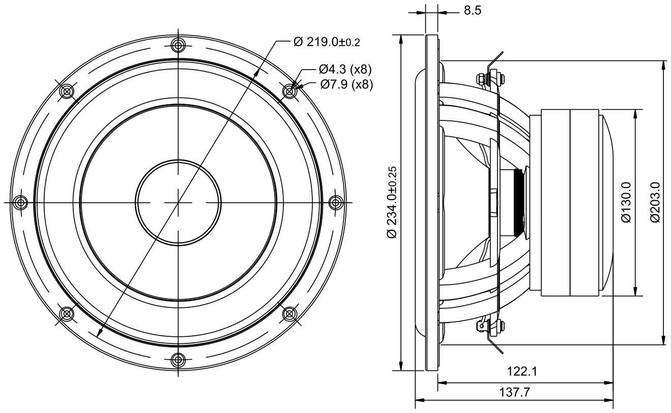 SB Acoustics SB23MFCL45-4 Dimensions