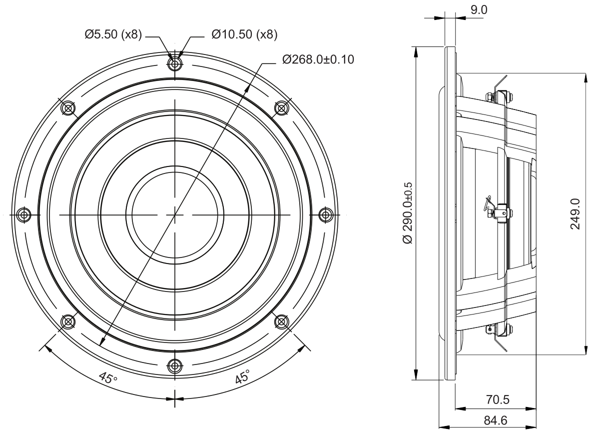 SB Acoustics SW26DAC76-3-DV Dimensions